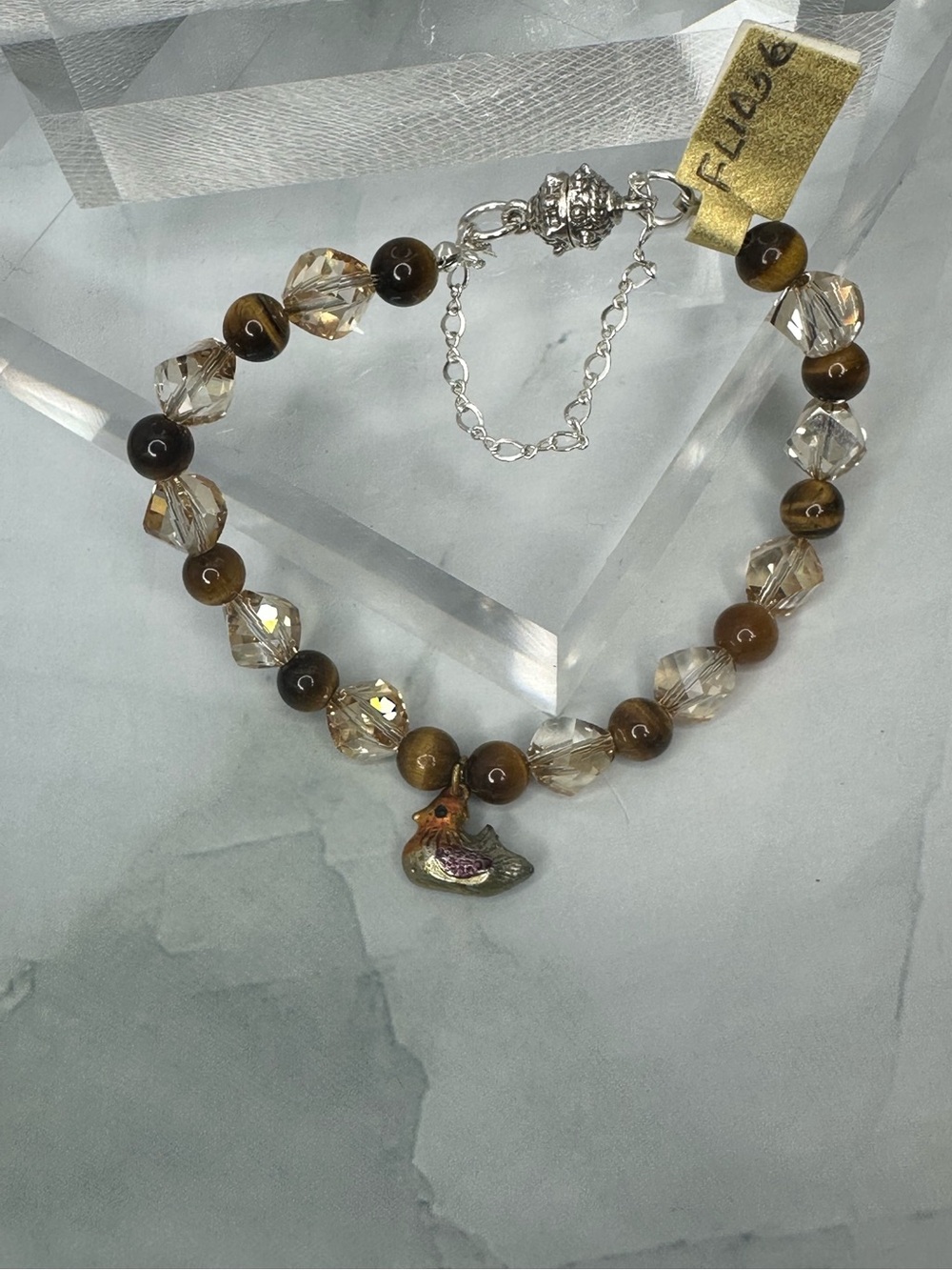 Artisan Swarovski Crystal Genuine Tiger's Eye Duck Charm Bracelet - (FL1036)